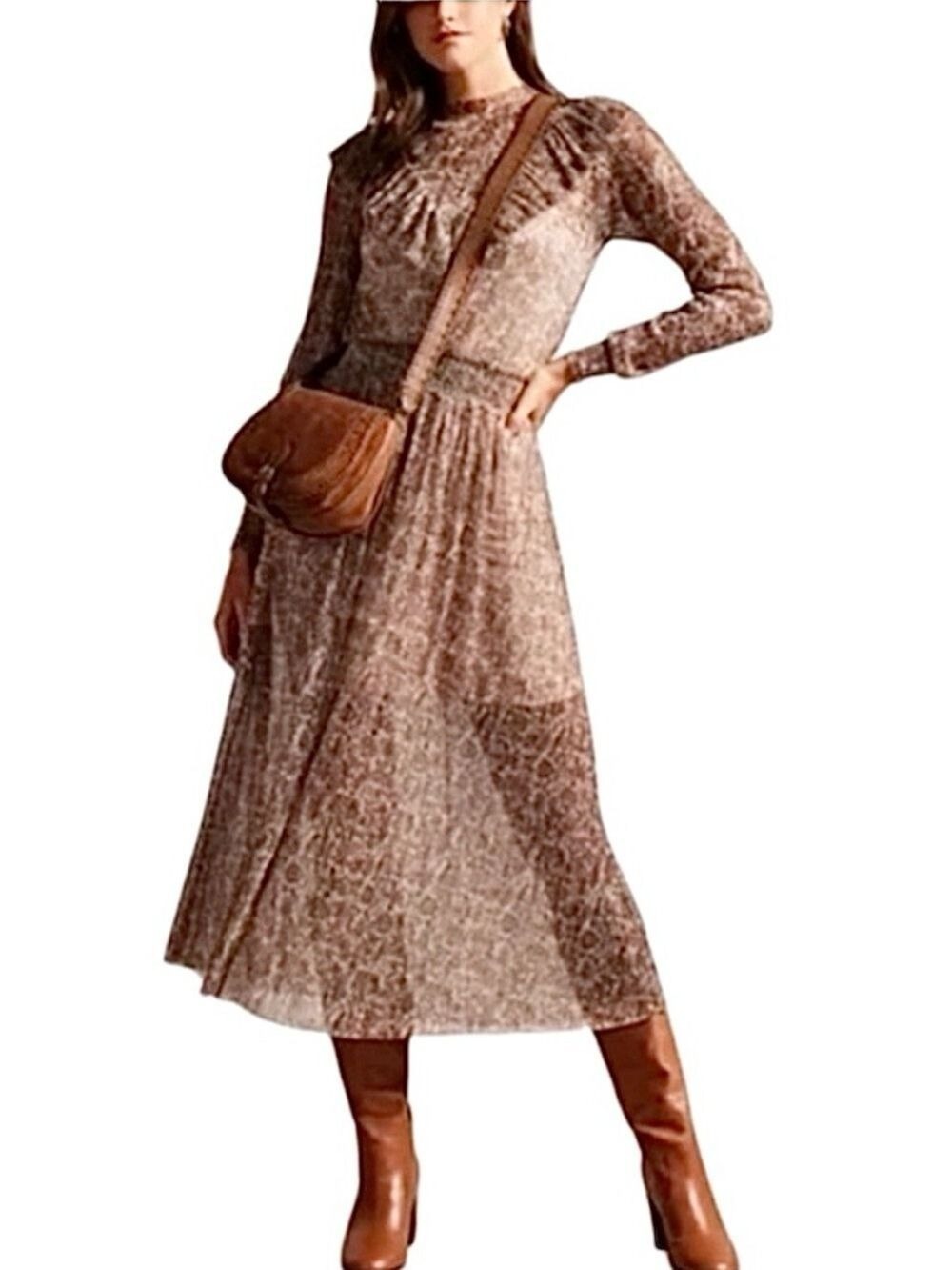 NWT Ted Baker London DEBBIX printed long sleeve sheer brown floral dress US 6